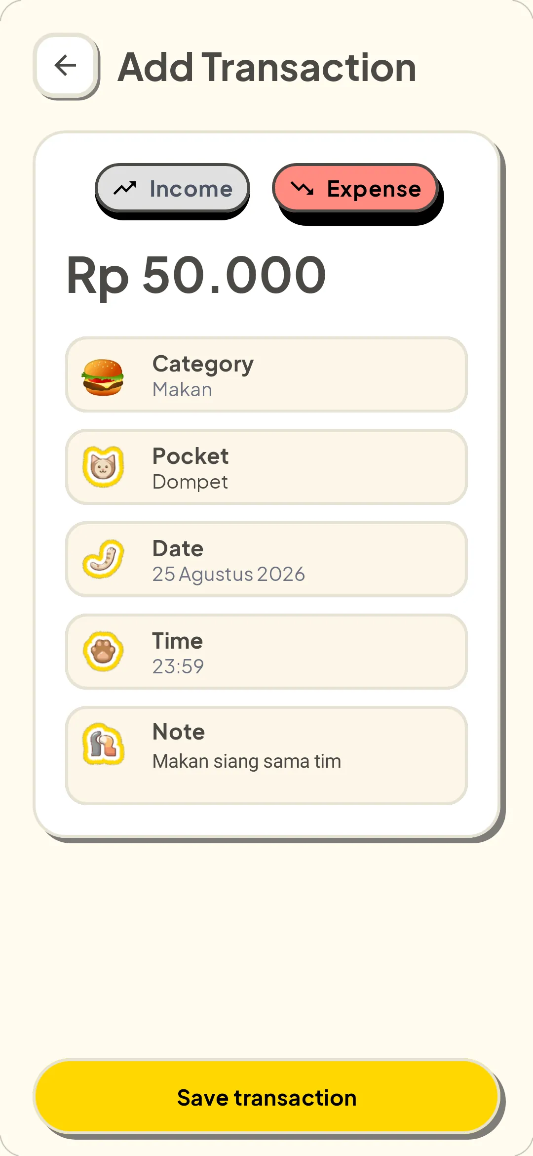 DUiT app add transaction screen with expense form filled in
