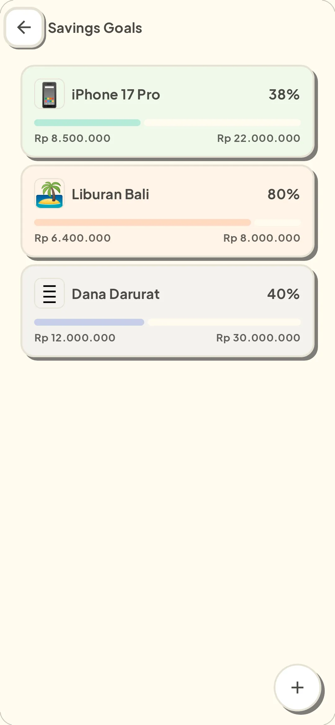 DUiT app savings goals screen showing three active goals with progress